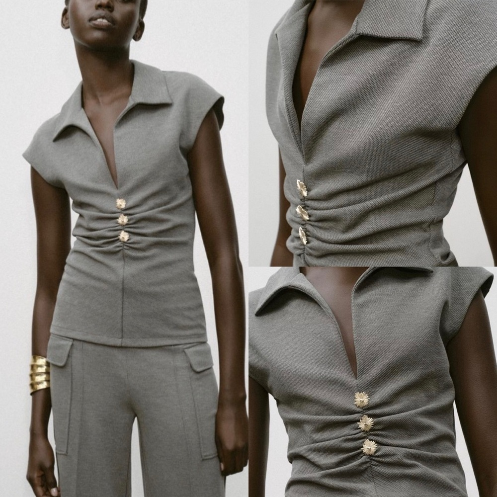 ZARA Button Piqué Top Anthracite Gray Polo V-Neck Size M NWT